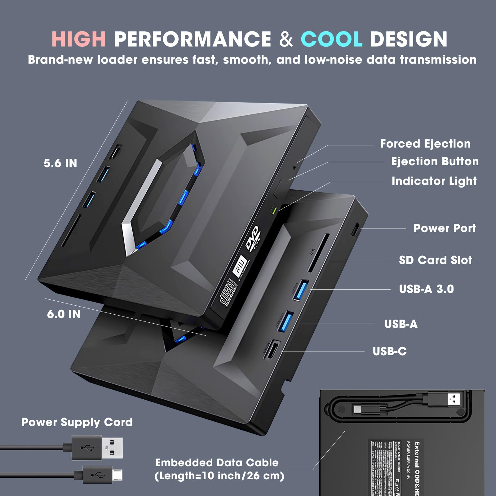 Roofull External Cd Dvd Drive Player Cd Burner With Usb 3.0/Usb C Ports Hub And Sd Card Reader, Portable Cd Dvd Rom +/ Rw Optica